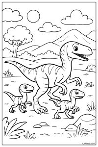 Velociraptor Family Trekking Across a Wide Landscape Coloring Page