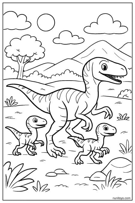 Velociraptor Walking with Two Babies Landscape Coloring Page