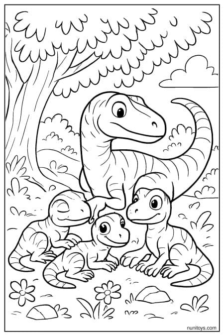 Velociraptor Family with Babies Under Tree Coloring Page