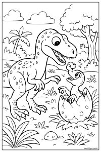 Velociraptor Feeding Its Baby in a Lush Natural Habitat Coloring Page