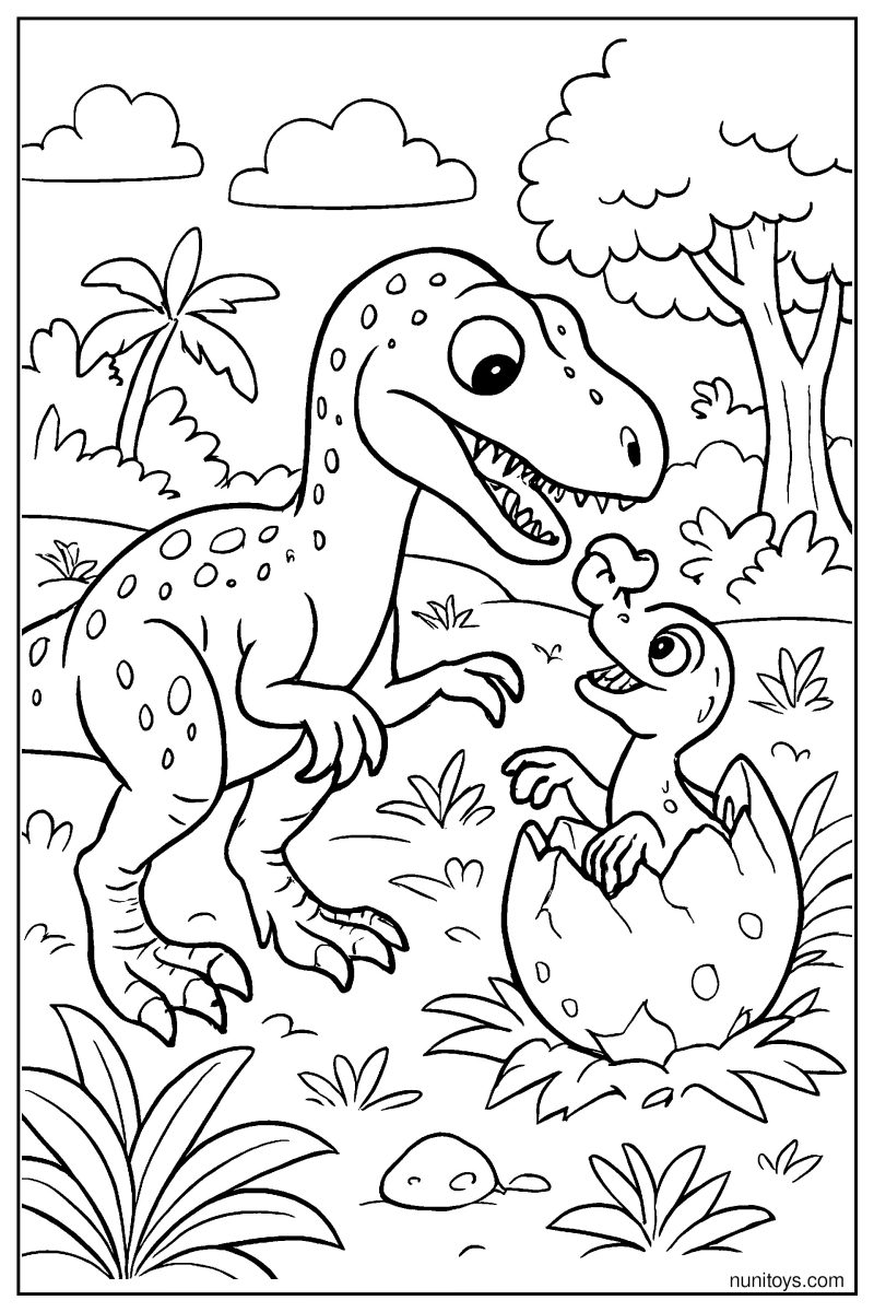 Velociraptor Feeding Its Baby in a Lush Natural Habitat Coloring Page