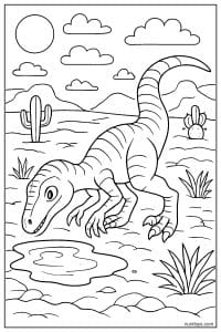 Velociraptor Finding Water in a Dry Landscape Coloring Page