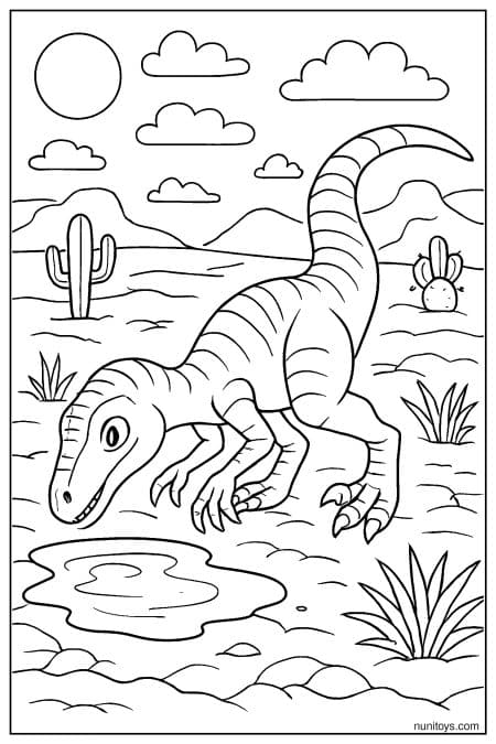 Desert Velociraptor coloring page drinking near small water puddle