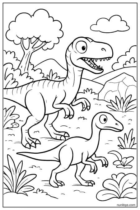 Two Velociraptors in Nature Printable Coloring Page