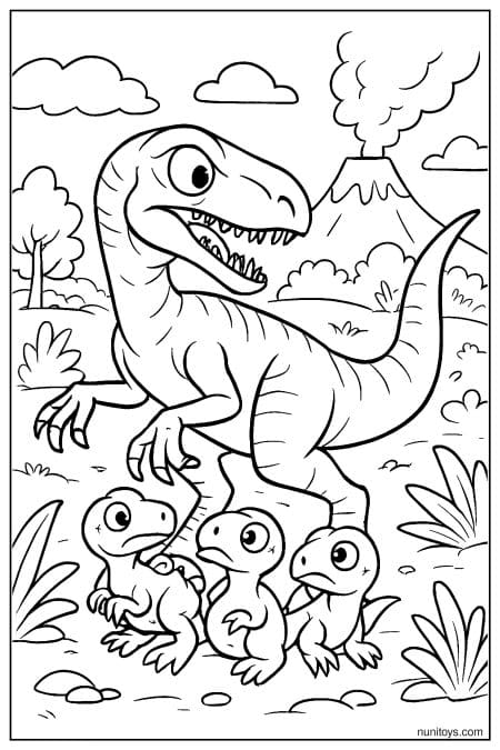 Velociraptor with Three Babies Jungle Coloring Page