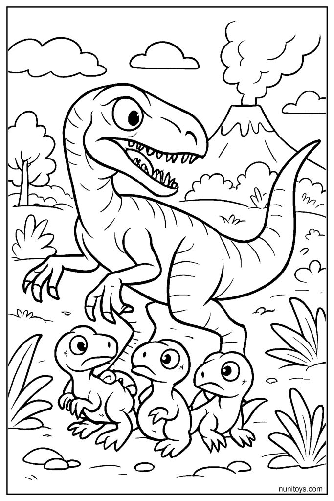 Velociraptor Guarding Young Ones Coloring Page