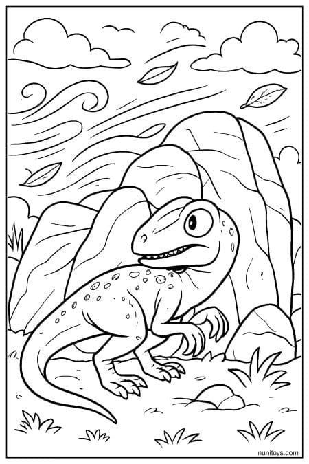 Windy canyon coloring sheet with Velociraptor near rocky shelter