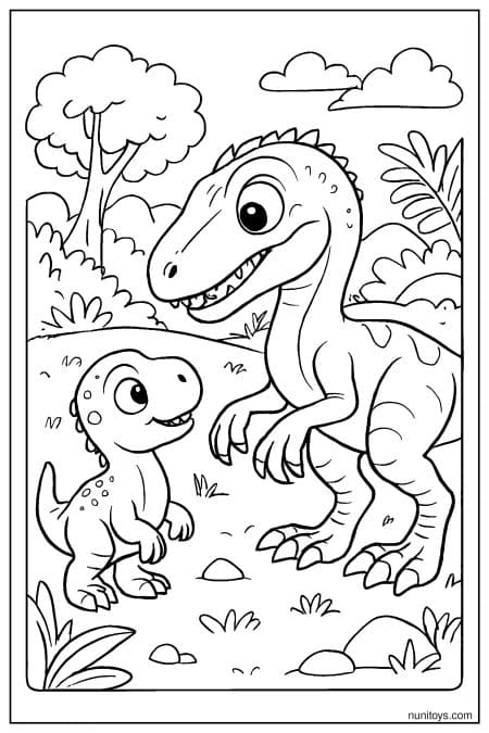 Velociraptor coloring page showing interaction with baby dinosaur