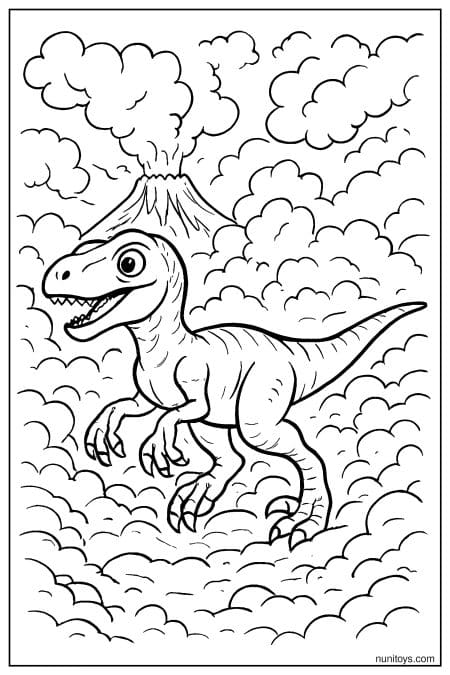 Volcanic Velociraptor coloring page surrounded by smoke clouds