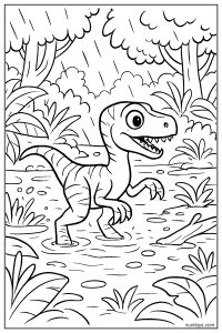 Velociraptor Navigating a Flooded Jungle Coloring Page