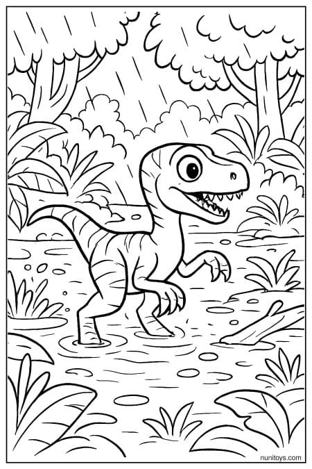 Forest Velociraptor coloring sheet with dense jungle surroundings