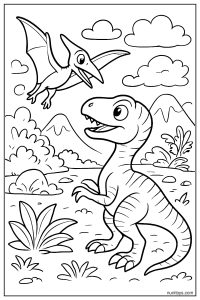 Velociraptor Observing a Flying Pterosaur Landing Nearby Coloring Page