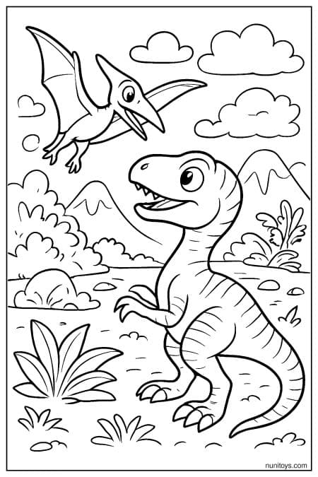 Velociraptor coloring sheet looking at flying pterosaur in sky