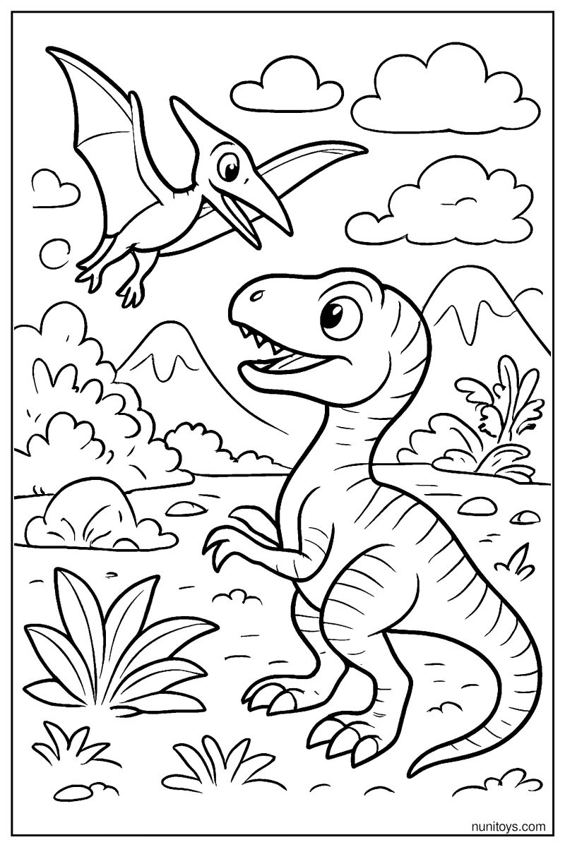 Velociraptor Observing a Flying Pterosaur Landing Nearby Coloring Page