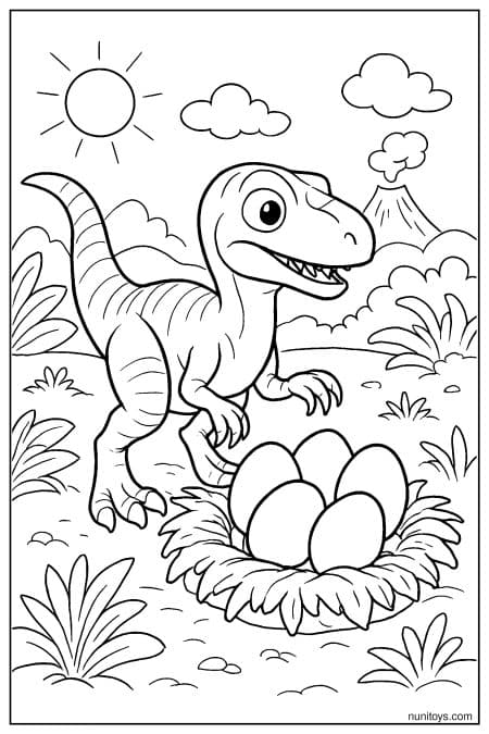 Velociraptor Near Eggs Under Sun Coloring Page