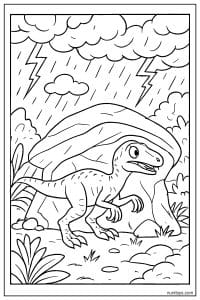 Velociraptor Seeking Shelter During a Thunderstorm Coloring Page