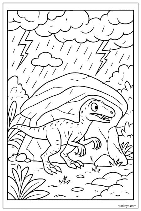 Velociraptor coloring page walking in rain