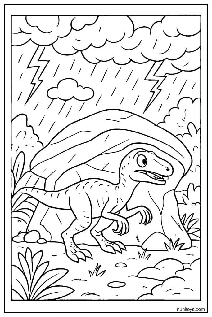 Velociraptor Seeking Shelter During a Thunderstorm Coloring Page