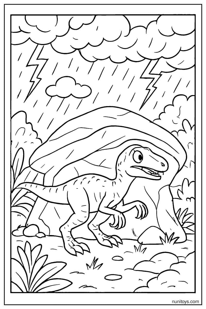 Velociraptor Seeking Shelter During a Thunderstorm Coloring Page