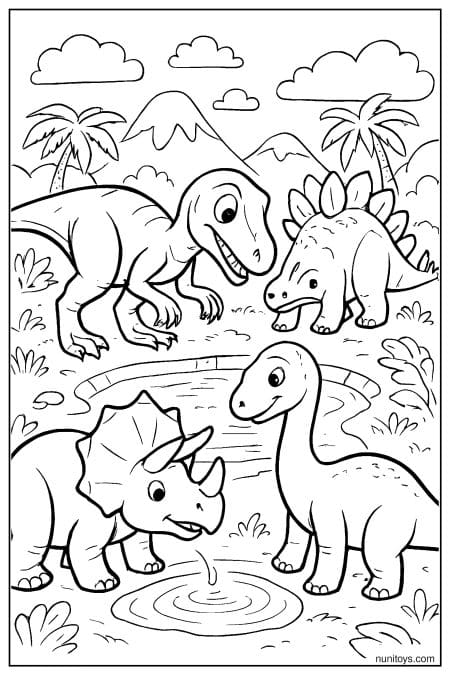 Prehistoric friends coloring page with Velociraptor and gentle dinosaurs