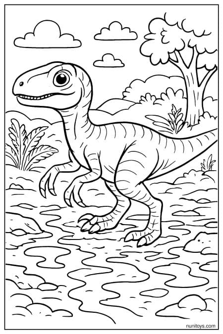 Velociraptor coloring page walking through shallow water and plants