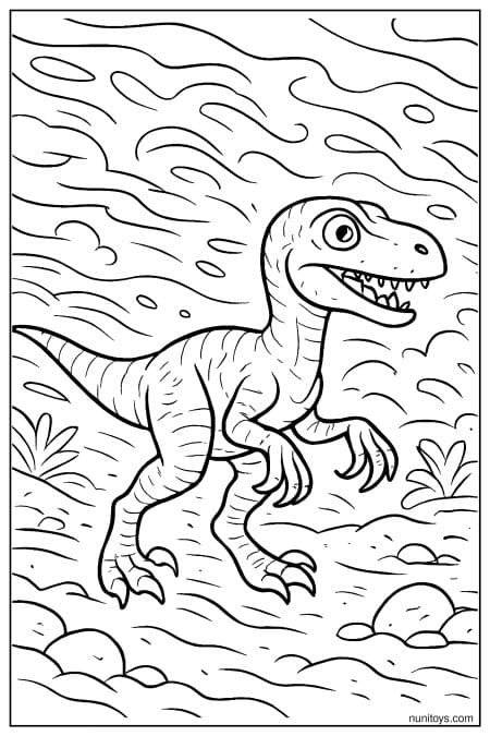 Velociraptor coloring page running through windy prehistoric landscape