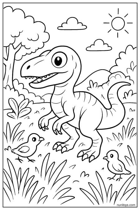 Playful Velociraptor coloring sheet surrounded by birds and grass