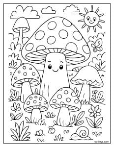 Sunny Mushroom Family Garden Coloring Sheet