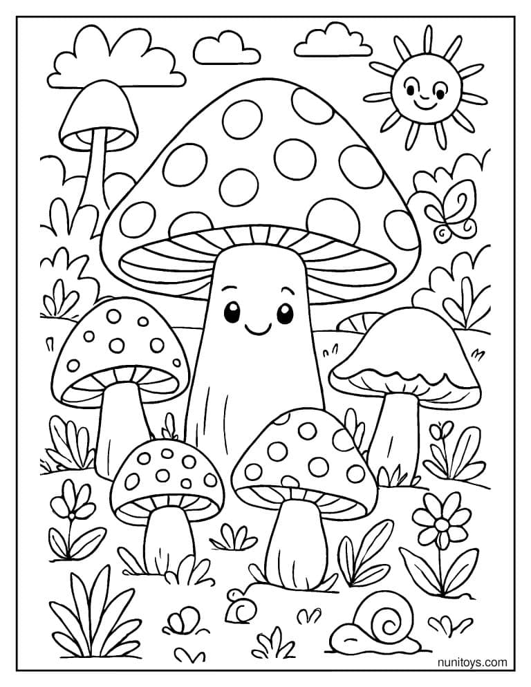 Coloriage groupe de champignons souriants dans un jardin ensoleillé