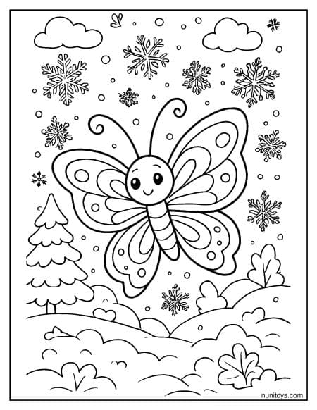 דף צביעה של פרפר עף בין פתיתי שלג בחורף