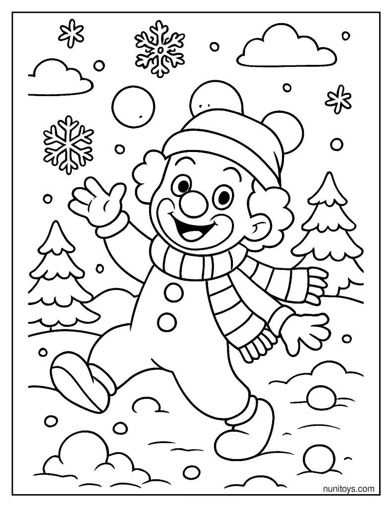 Clown playing in the snow with scarf and winter trees coloring page