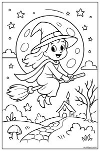 Witch Flying Across a Full Moon Fantasy Coloring Page