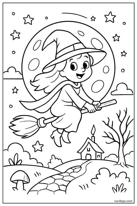 Witch Flying Across a Full Moon Fantasy Coloring Page