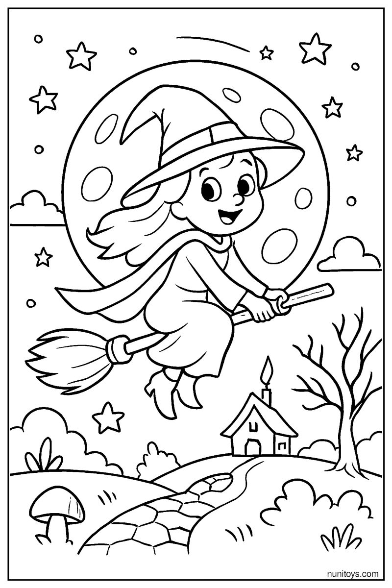 Witch Flying Across a Full Moon Fantasy Coloring Page
