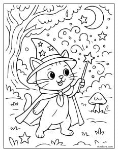 דף צביעה של חתול קוסם מטיל קסם ביער