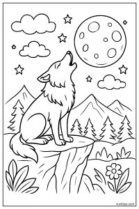 Wolf Howling at the Moon on a Mountain Cliff Coloring Page