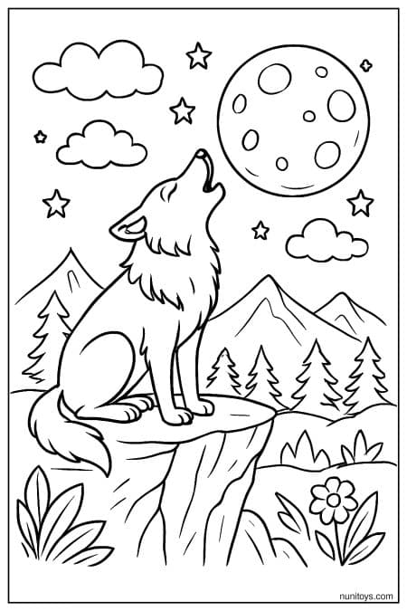Wolf Howling at the Moon on a Mountain Cliff Coloring Page