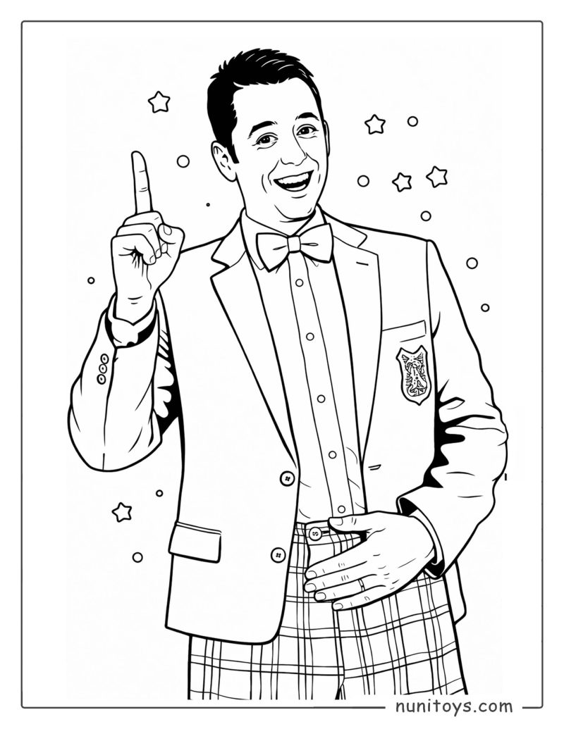 דף צביעה של דוד חיים כוכב ילדים מחייך ומצביע כלפי מעלה