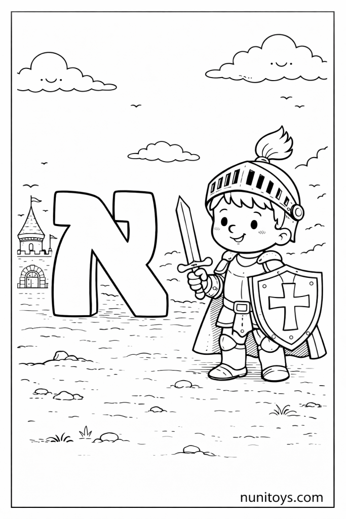 דף צביעה אביר עומד ליד אות א׳ גדולה עם מגן