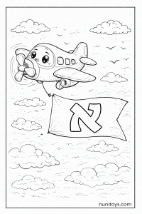 דף צביעה אווירון חמוד טס עם דגל שעליו האות א׳