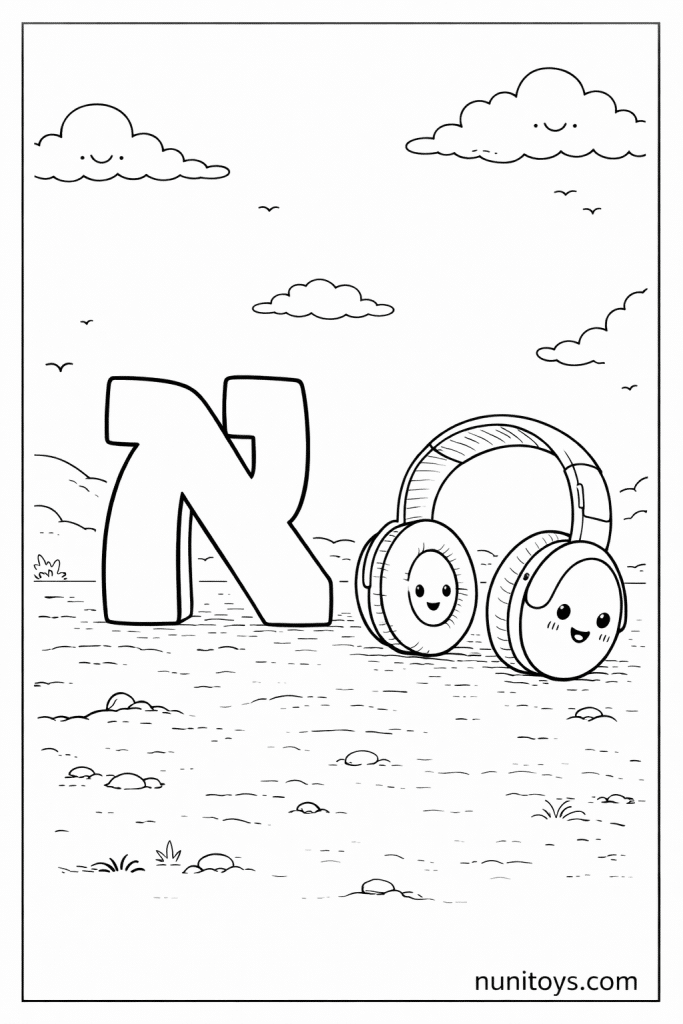 דף צביעה אוזניות מונחות ליד אות א׳ גדולה