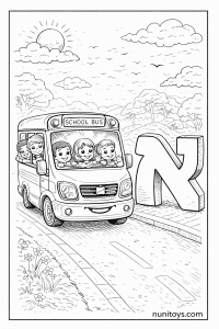 דף צביעה אוטובוס חמוד נוסע ליד אות א׳ גדולה עם ילדים