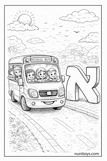 דף צביעה אוטובוס חמוד נוסע ליד אות א׳ גדולה עם ילדים