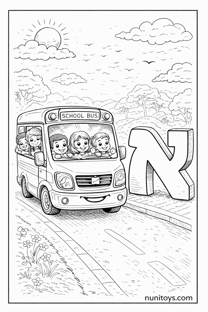 דף צביעה אוטובוס חמוד נוסע ליד אות א׳ גדולה עם ילדים