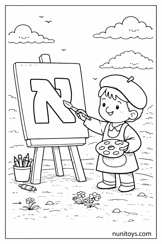 דף צביעה אומן חמוד מצייר אות א׳ גדולה על קנבס