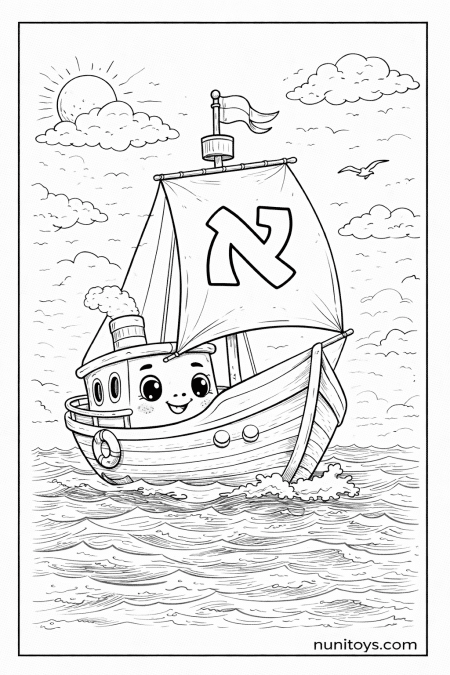 דף צביעה אונייה חמודה שטה בים עם האות א׳ על המפרש