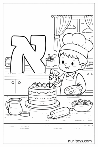 דף צביעה אופה חמוד מקשט עוגה ליד אות א׳ גדולה במטבח