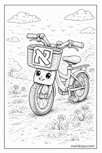 דף צביעה אופניים חמודים עם סל ועליו האות א׳