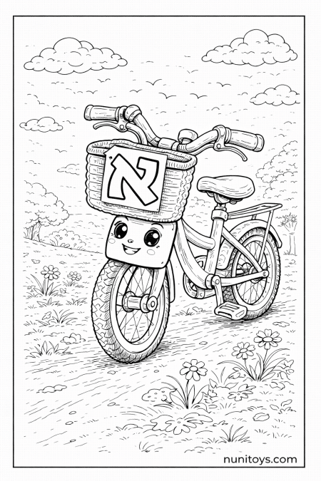 דף צביעה אופניים חמודים עם סל ועליו האות א׳