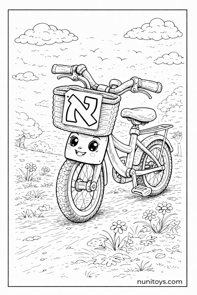 דף צביעה אופניים חמודים עם סל ועליו האות א׳